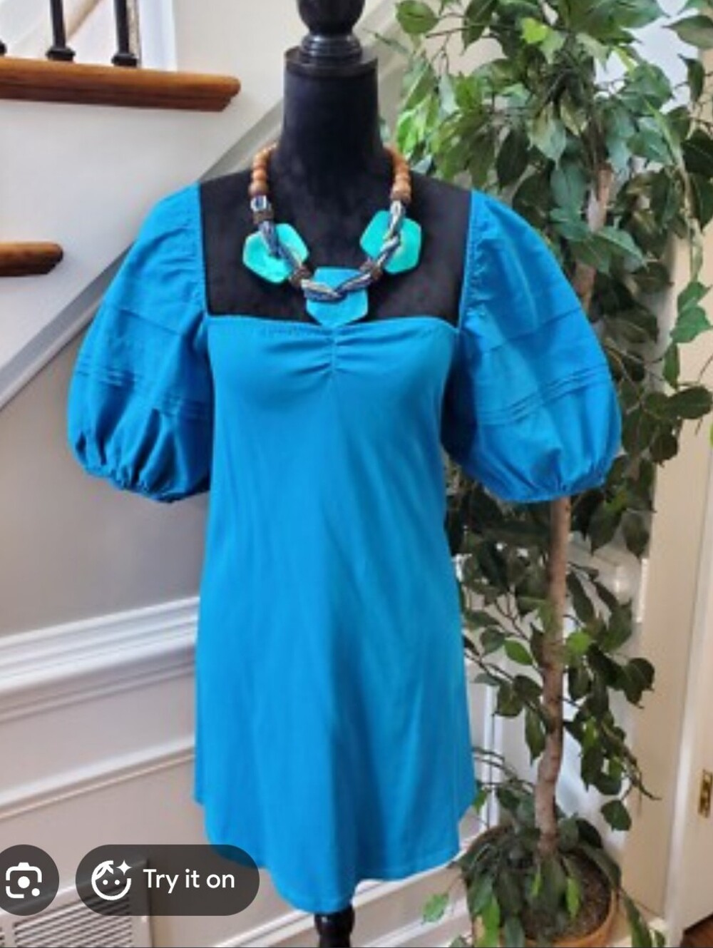 Zara Bright Blue Puff Sleeve Mini Dress Tie Back S